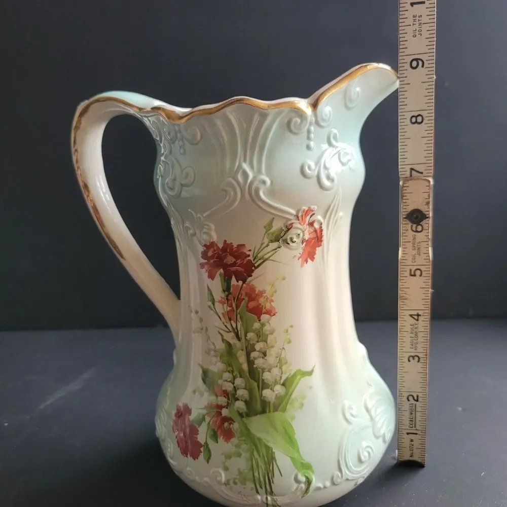 Vtg Pitcher Grandma Core Pitcher Vase Signed RS Prussia Gold Blue 9